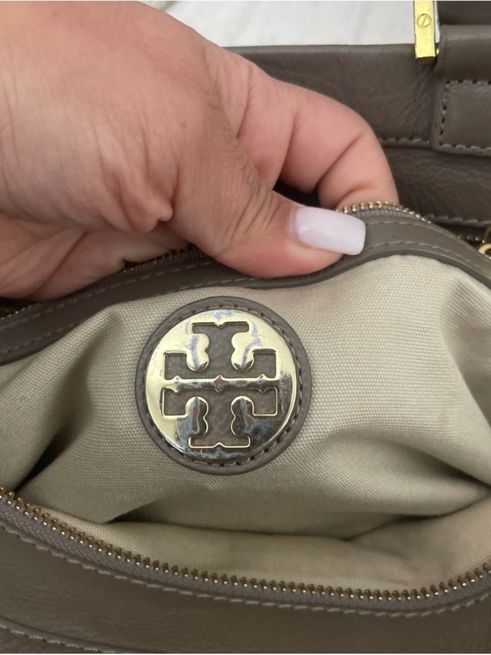 Tory Burch Taupe Leather Shoulder Bag with Gold Logo